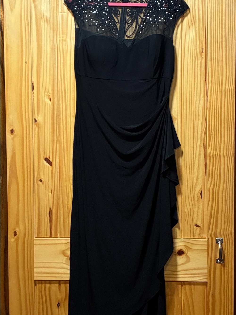 Alex Evenings Black Beaded Cap-Sleeve Evening Dress